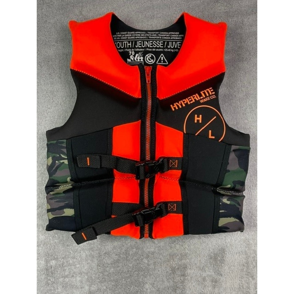 Hyperlite Youth Life Vest PFD Camo Orange Size 55-88 lbs US Coast Guard Approved